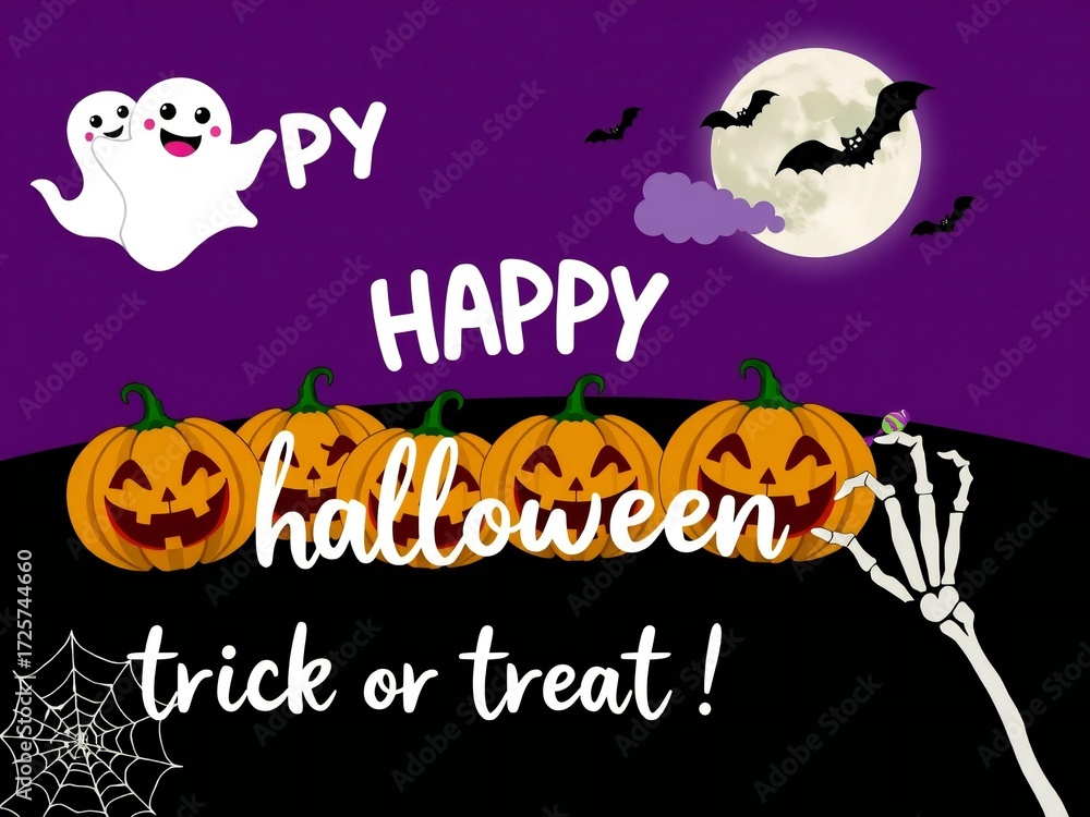 Fototapeta premium Spooky halloween greeting with carved pumpkins ghosts and moon bats trick or treat fun