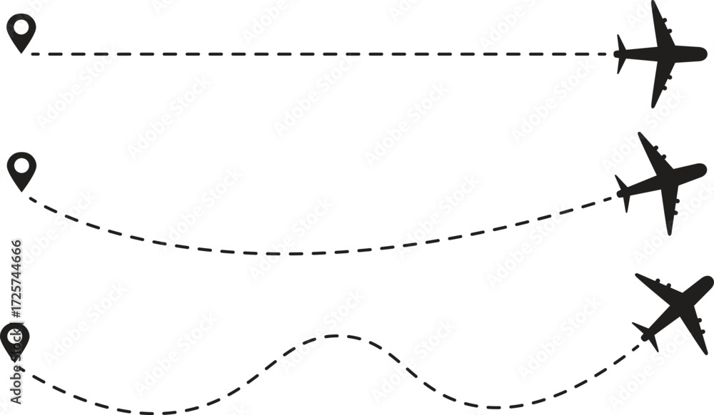 Fototapeta premium Airplane Travel Route with Dashed Line Vector Set