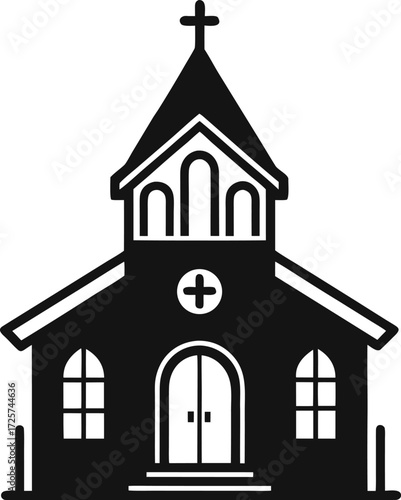 Black and white minimalist line drawing of a classic chapel with a cross church building vector illustration EPS file download.
