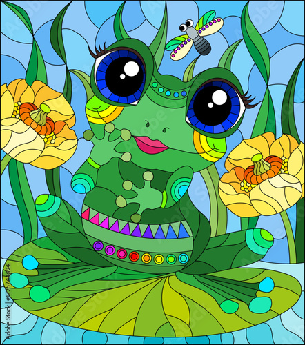 An illustration in the style of a stained glass window with a frog princess on a background of sky and flowers