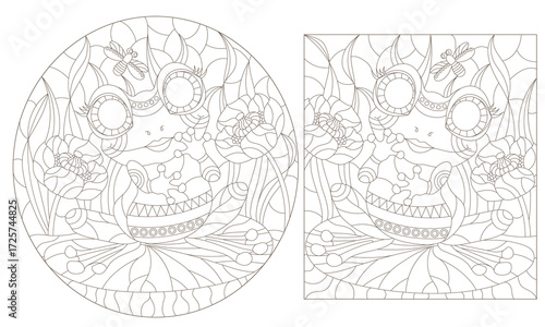 A set of contour illustrations with cute frogs, isolated animals on a white background