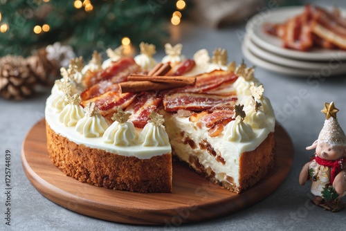 Delicious Festive Cake Topped With Cream and Bacon, Ready for Holiday Celebra...