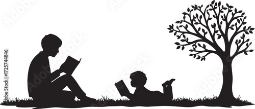 PrintSilhouette, reading, outdoors, tree, nature, books, relaxation, peaceful, black, white, minimal, learning, education, quiet, grass, canopy, sitting, lying, companionship, mindfulness