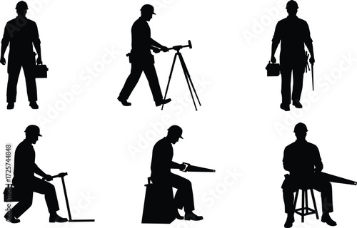 Construction worker silhouette with toolbox, carpenter using saw, surveyor tripod measuring, technical repair activity, industrial job site, professional labor illustration