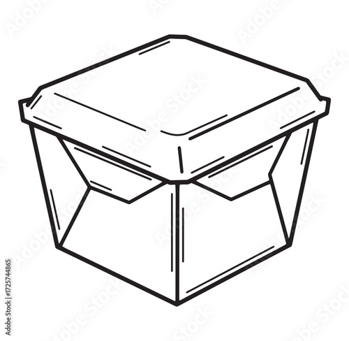 Simple black and white illustration of a food container with a closed lid