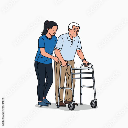 Young Woman Assisting Elderly Man Using a Walker for Mobility Support and Stability