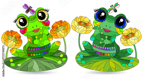 A set of illustrations with cute frogs, isolated animals on a white background