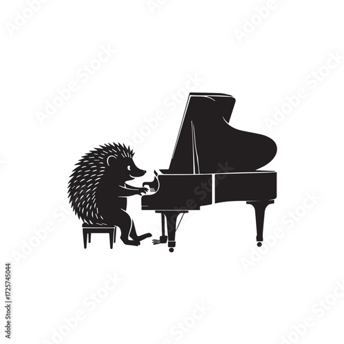 Hedgehog playing a grand piano isolated on white background technology background