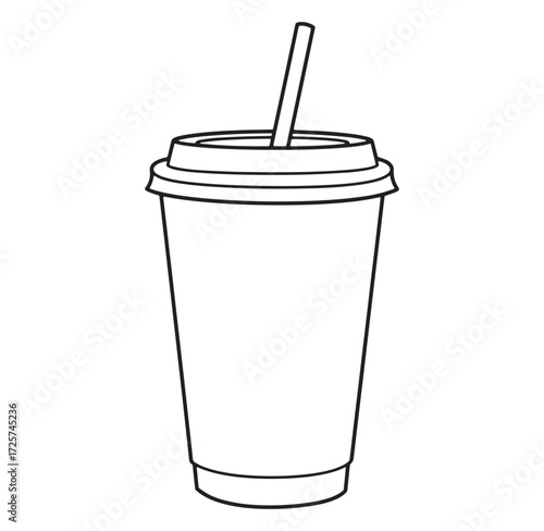 Simple black and white vector illustration of a disposable drink cup with a straw