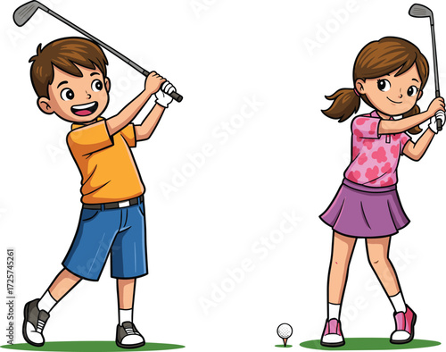 Cartoon children playing golf, boy and girl swinging clubs, sports activity for kids, outdoor recreation, fun game, athletic skills, vector illustration, white background