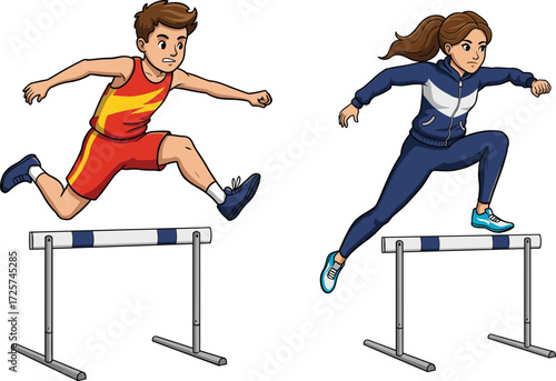 Track and field hurdle race, two athletes jumping over hurdles, competitive sports action, running event, athletic performance, speed training, outdoor stadium competition
