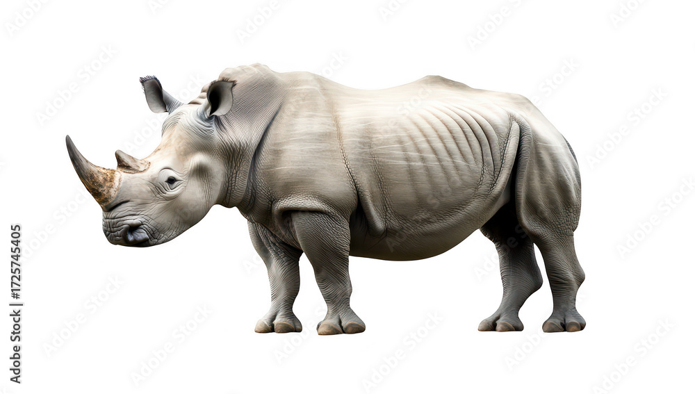 Obraz premium A realistic depiction of a rhinoceros standing in profile against a plain white background. its distinctive features and muscular build. ideal for educational and wildlife conservation purposes
