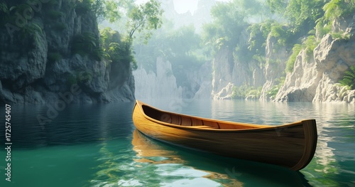 Canoe Floating Peacefully on Calm Water Surrounded by Lush Green Forest in th...