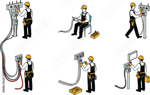 Electrician worker repairing electrical panel, wiring installation maintenance, safety helmet toolbox, professional technician using laptop, testing outlet, engineering service concept illustration