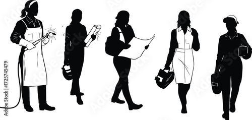 Engineering professional silhouettes, welder with torch, architect holding blueprints, surveyor field engineer, business manager briefcase, technician toolbox, industrial career illustration concept
