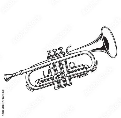 Simple detailed black and white illustration of a classical brass trumpet instrument