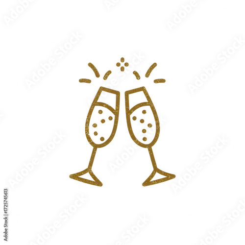 Golden outline of two champagne glasses clinking isolated on transparent background