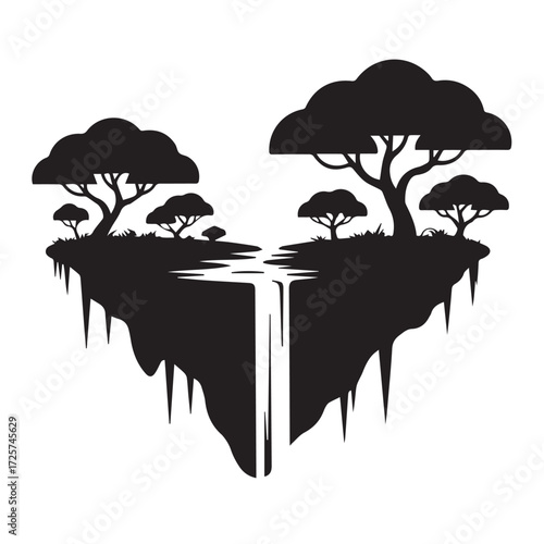 Silhouette of a heartshaped floating island with a waterfall and stylized trees, representing love and natures beauty in a surreal landscape technology background