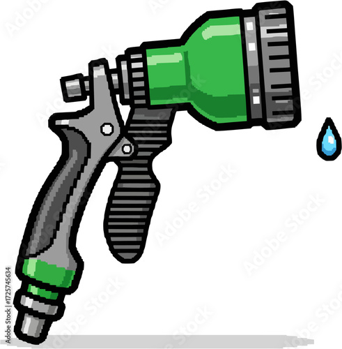 Cartoon illustration of a garden hose nozzle spraying water.