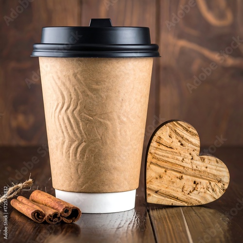 Coffee cup and heart on wooden table