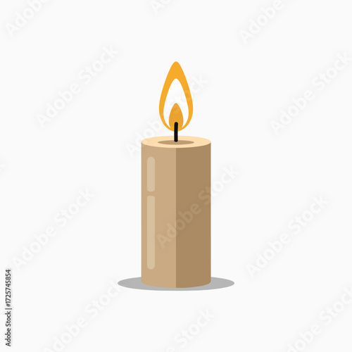 A simple tall cylindrical wax candle burning with a bright yellow orange flame casting a soft shadow