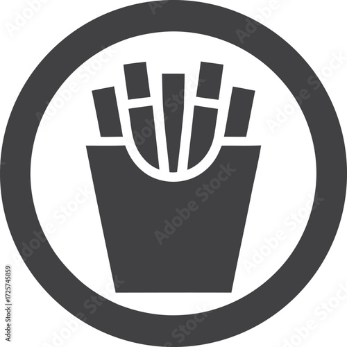 Simple icon of french fries in a paper container inside an oval frame