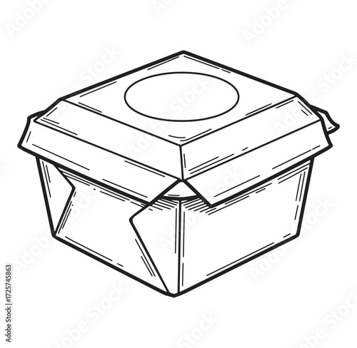 Vector illustration of a black and white takeout food box with lid and hole