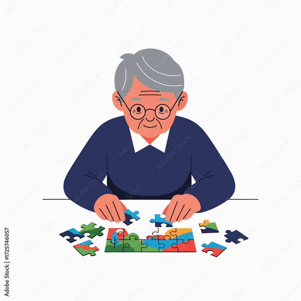 Fototapeta premium Elderly person enjoying a challenging jigsaw puzzle activity at home developing cognitive skills