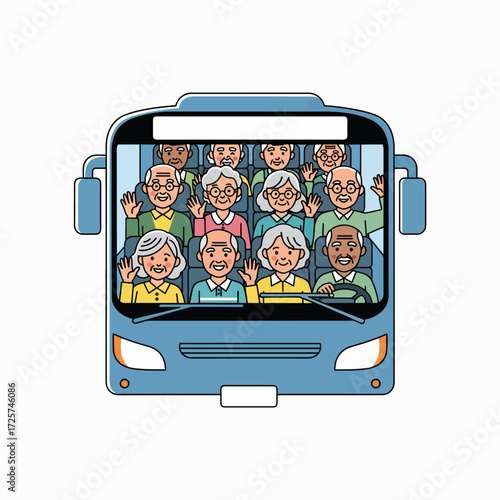 Group of Happy Elderly People Waving from Inside a Bus During a Scenic Excursion