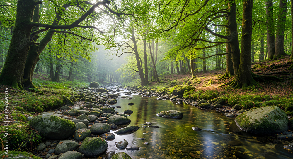 Obraz premium A scenic view of a stream flowing through a lush green forest with moss covered rocks and tall trees