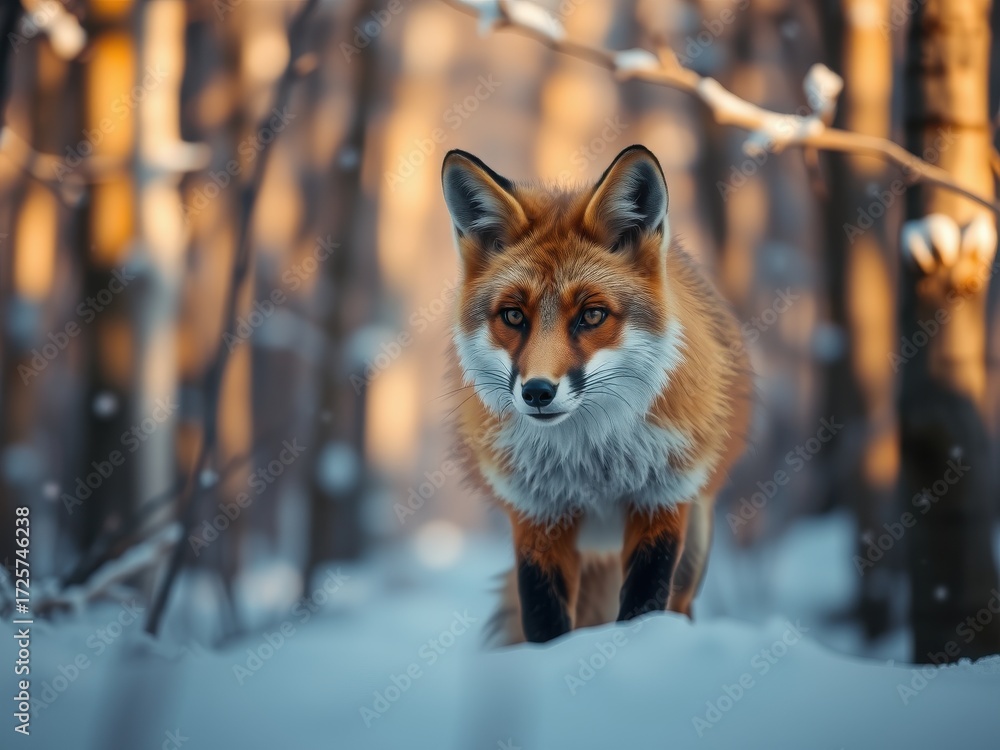 Fototapeta premium Captivating Red Fox Portrait Stalking in Snow Covered Forest During Winter