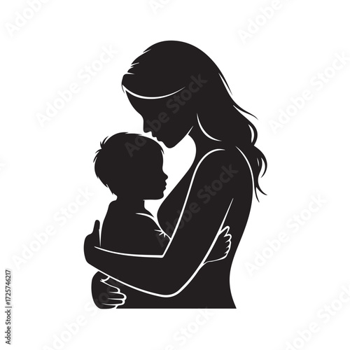 Silhouette of a mother holding her child tenderly, symbolizing love, family, and maternal bond in a simple and elegant design isolated on white background technology background