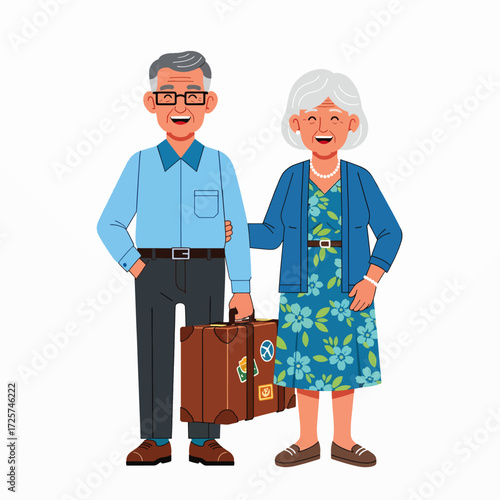 Elderly Couple Ready for Vacation Packed with Luggage and Excited for Their Trip