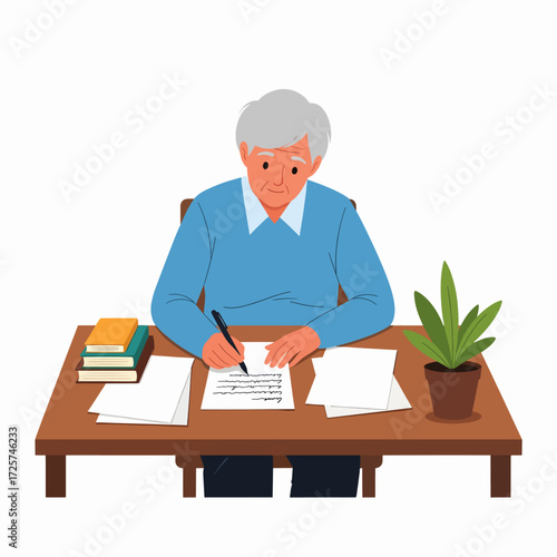 An Elderly Man Sitting at a Desk Writing Documents with Books and a Plant