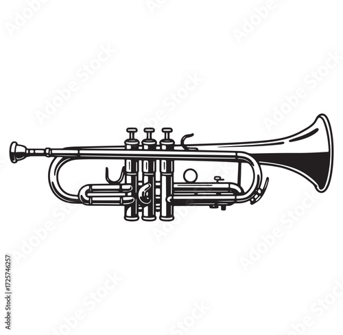 Vector illustration of a classic trumpet instrument in black and white isolated