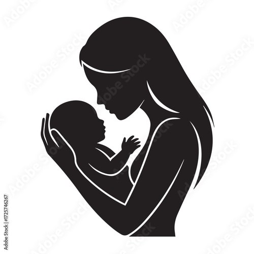 Silhouette of a mother holding her baby tenderly, isolated on white background technology background