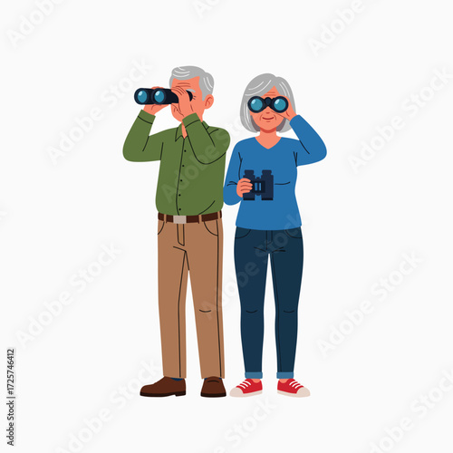 Elderly Couple Observing Wildlife with Binoculars in an Outdoor Setting Together