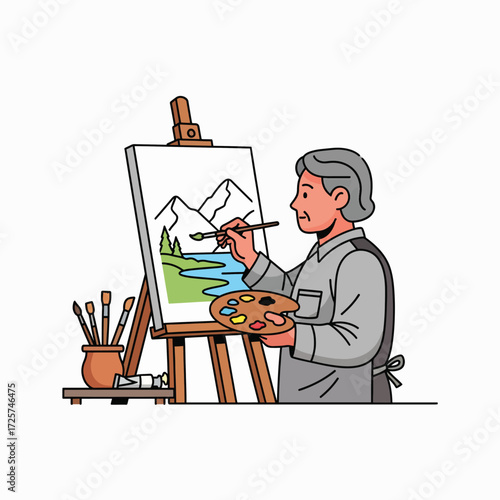 An elderly artist skillfully paints a beautiful landscape scene on a canvas easel