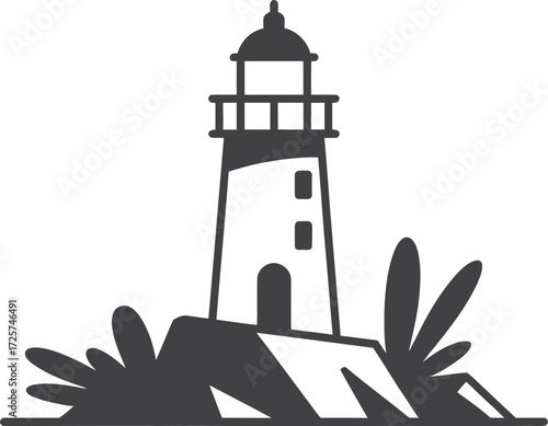Stylized lighthouse on rocky shore with coastal plants