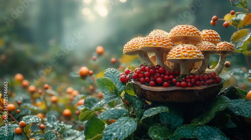 Colorful mushrooms and red berries grow on a mossy log in a serene forest setting during early morning