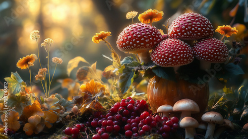 Colorful mushrooms and flowers in a forest during golden hour with autumn leaves and berries