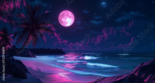 Vibrant Moon Glowing Brightly Over a Serene Beach With Palm Trees at Night.