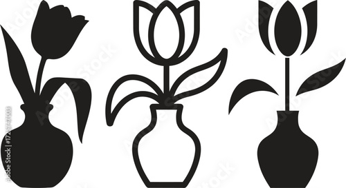 Three stylized black silhouette tulips in vases on a white background