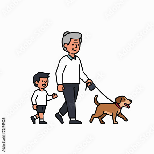 An elderly man and a young boy walk a happy brown dog on a leash outdoors
