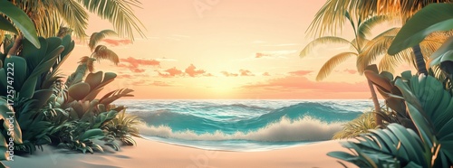 Bright Sunset Over Ocean With Palm Trees Framing Sandy Beach Scene in Warm Ev...