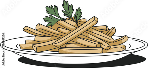 Hand drawn illustration of golden french fries served on a white plate with parsley garnish