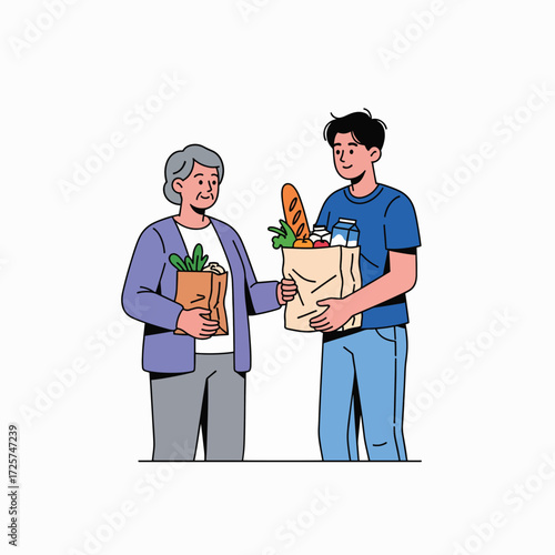 Young Man Helping Elderly Woman Carry Grocery Bags with Fresh Food and Supplies for a Nourishing Meal