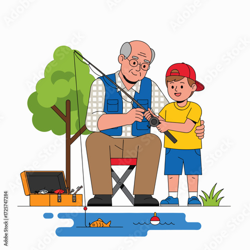 Grandfather and Grandson Enjoying a Peaceful Day of Fishing Together by the Lake