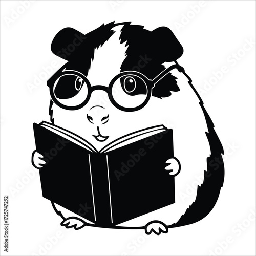 Cute guinea pig wearing glasses reading a book learning and knowledge theme