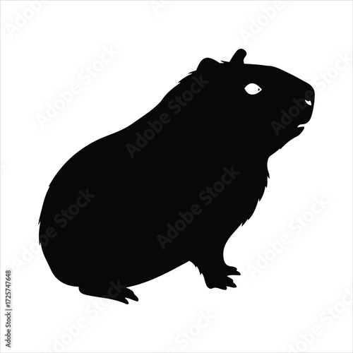 Simple silhouette of a capybara sitting facing right isolated on white